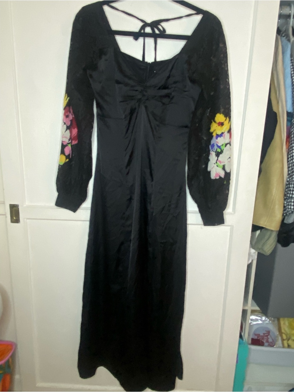 Topshop Black Satin Dress with Lace Floral Sleeves - Picture 5 of 7